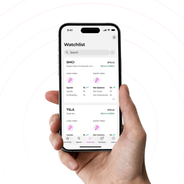 Hand holding a phone displaying a fintech app in use