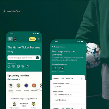 Ticket scanning app in use - two screenshots side by side with a footballer figure on the right side